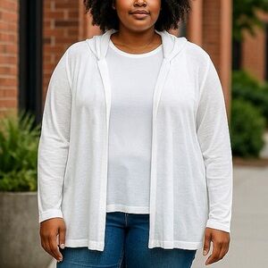 Tahari Linen Hooded Cardigan Sz 2X White Semi Sheer Coastal Resortwear Vacation